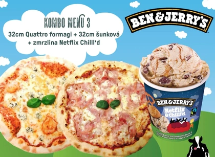 K3. Quattro formaggi 32cm + šunková 32cm + zmrzlina Netflix Chilll’d 465ml